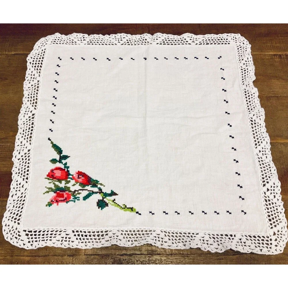 Retro White Linen Table Runner Topper Dresser Scarf Pink Cross Stitch Floral